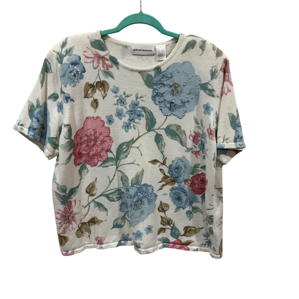 Alfred Dunner Floral Beaded Knit Sweater XL Ivory Blue Pink Short Sleeve Ramie